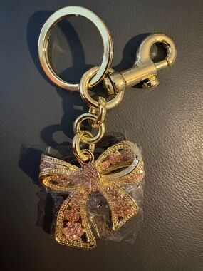 Gold Bow Keychain with Pink Crystal Accents